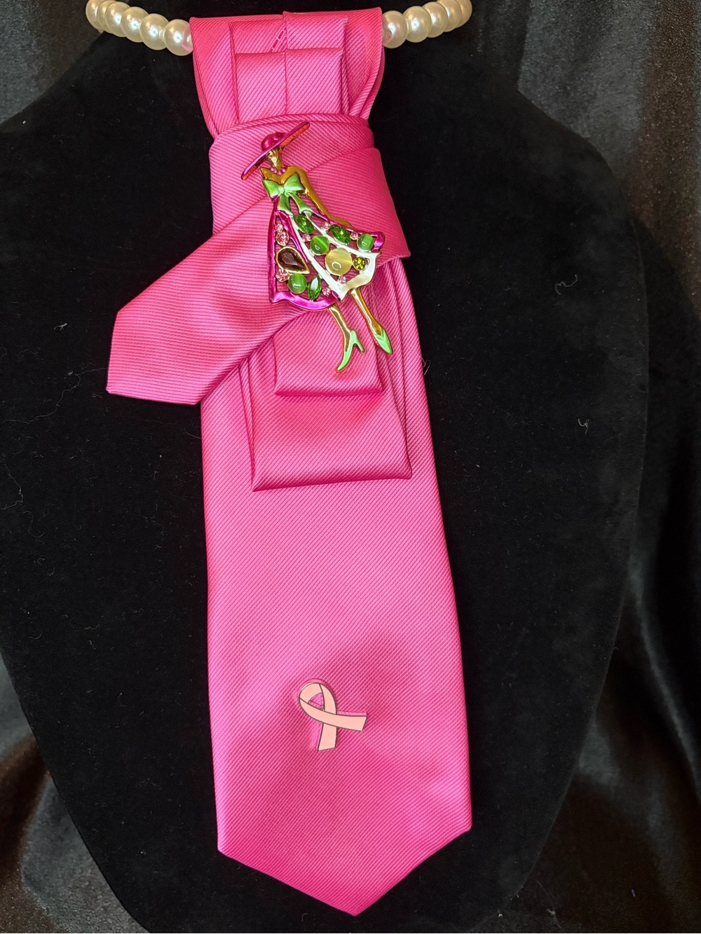 Women's Hot Pink Ribbon Tie Necklace with Decorative Brooch -